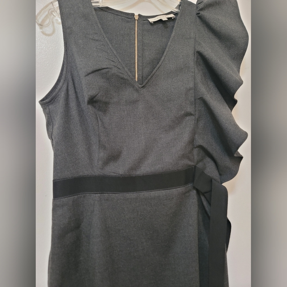 Sandro Paris Dress Gray Ruffle Trim Ribbon Belted Sheath Stretch Size Small New - Picture 9 of 16